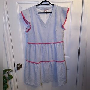 ANDREE Blue/White Seersucker Dress w/Pink Trim